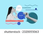 Small photo of Photo portrait of young girl collage illustration screaming announce message bubble cloud promo discussion isolated on blue background
