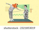Small photo of Creative banner poster collage design of folded hands confident stressed man watching computer propaganda isolated on green background