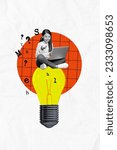 Small photo of Vertical collage of diligent little funky girl remote study with laptop lightbulb find solution maths task isolated on white background