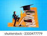 Small photo of Creative collage motivation diligent schoolboy reach height stack books graduate examination tassel bachelor isolated on blue background