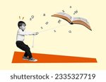 Funny little schoolboy collage concept drag rope hard get knowledge book literature materials education isolated on beige background