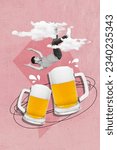 Small photo of Drawing collage poster banner of funky guy fall huge mug tasty beer festival occasion isolated on retro pop background