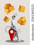 Small photo of Vertical collage image of black white effect girl sit geolocation mark flying carton boxes isolated on paper background