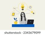 Small photo of Collage sketch picture of minded smart clever girl work home office room have great idea solution isolated on drawing minimal background