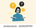 Small photo of Composite collage image of confused black white effect girl question mark mind bubble isolated on painted background