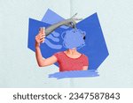 Photo template collage of scribble complicated woman faceless anonymous hold phone recording selfie video isolated on blue background