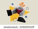Composite collage portrait of black white colors arms hold hypnotic drink cup isolated on grey painted background