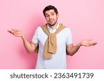 Small photo of Portrait of clueless indifferent nice person raise arms palms shrug shoulders isolated on pink color background