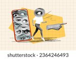Small photo of Billboard collage of funny headless absurd surreal eye watching propaganda direct finger smartphone community isolated on plaid background