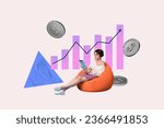 Small photo of Photo collage of young business lady lying beanbag tablet analyzing crypto industry results graphic up isolated on white color background
