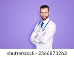 Small photo of Portrait with copy space of cheerful joyful doc with bristle in white lab coat and stethoscope on his neck, having his arms crossed, looking at camera, isolated on grey background