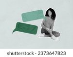 Photo banner portrait collage of young black white gamma person lady sitting floor dreamy speak with someone isolated on grey background