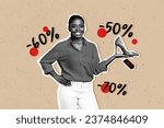 Billboard collage of nice pretty young woman holding stilettos with sale label percent advertisement discount isolated on beige background