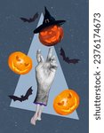 Small photo of Vertical collage image of black white effect dear man arm carved pumpkins witch head flying bats isolated on night sky background