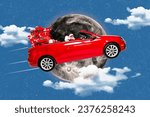 Banner poster 3d collage of cool funky santa claus or saint nicholas fantasy character delivering gifts by fast car flying in starry sky