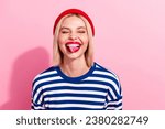 Small photo of Closeup photo of foolish joke young funny girl protrude tongue comic having fun good mood atmosphere isolated on pink color background