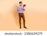 Small photo of Photo of sad annoyed irritated man boss wear trendy clothes pretense control failure look empty space isolated on beige color background