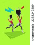 Small photo of Conceptual collage photo of two headless characters have fun engineers electricity adapters unplugged isolated on green background