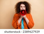 Photo of aggressive furious woman boss shouting holding bullhorn isolated on beige color background