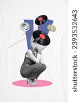Small photo of Vertical surreal photo collage of young headless woman sit in club party discotheque with disco ball instead of head vinyl record cd on creative background