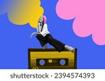 Small photo of Image collage sketch of dreamy charming girl listening lyrics song tape recorder cassette isolated on painted background