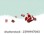 Postcard banner collage of jolly funky santa claus riding motorcycle delivering gifts falling down boxes isolated on drawing background