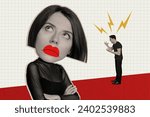 Small photo of Collage picture illustration upset sadness lady braw lips listed furious man scream lightning emotional pressure cell red background