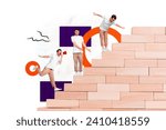Small photo of Creative collage picture illustration shocked surprised clumsy young man step pyramid stairs growth career exclusive colorful template