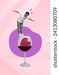 Small photo of Vertical photo collage image of impressed mini guy stand balance huge glass of wine with drowned heart on pink paper texture background