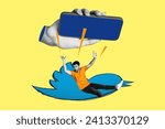 Creative collage picture young falling guy twitter bird smartphone screen display social media communication messenger app