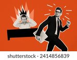 Funny business concept stress situation between boss and employee running away from office after conflict over red color background