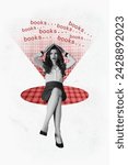 Small photo of Vertical graphics collage image of uninterested uneducated girl hold book head literature bored red checkered mat isolated on white color background