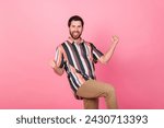 Small photo of Photo of ambitious mature businessman wearing casual garment win market concurrent celebrate victory isolated on pink color background