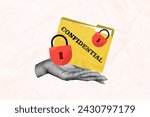 Small photo of Composite creative art collage of hand transfer secret files folder lock inaccessible locked private riddle isolated on beige color background