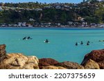 Small photo of Wellington, New Zealand - September 18, 2022: Surfers enjoying the day at Lyall Bay in Wellington, New Zealand