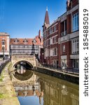 Small photo of 2 July 2019: Lincoln, UK - The River Witham in central Lincoln, looking towards High Bridge.