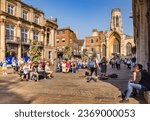 Small photo of 15 September 2016: York, North Yorkshire, England, UK - Crowds watching one man band busking in St Helen's Square.