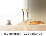 Small photo of Shabbat image - silver candlesticks Lightened with olive oil, Silver kiddush cup and challah