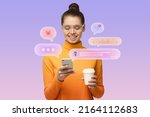 Pretty stylish female blogger checking social media notifications holding smartphone and plastic cup of coffee surrounded with speech bubbles, isolated over blue gradient background
