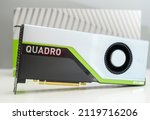 Small photo of Paris, France - Mar 28, 2019: Hero project of new GPU Nvidia Quadro RTX 5000 video gpu card based on the Turing microarchitecture, and features real-time ray tracing