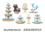 Set of water fountains, natural geyser waterfalls and water splash. Vintage and modern architecture decor with splashing drops. Outdoor park decoration with architectural elements cartoon vector