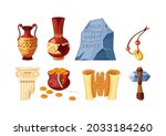 Set of archeology artifacts ancient. Amphora, papyrus script, cave drawings, ax, pot of gold coins, whole and cracked vases, antique column. Historic civilization exploration vector cartoon
