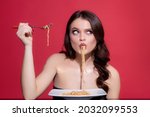 Small photo of Italian woman eats Bolognese pasta. Woman cooked spaghetti. Italia food and menu concept. Woman suck spaghetti.