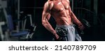 Small photo of Banner templates with muscular man, muscular torso, six pack abs muscle. Male bare torso. Fitness workout with dumbbells. Gym training. Man with six packs.
