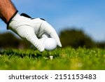 Small photo of Golfer man with golf glove playing on a golf course. Hand putting golf ball on tee in golf course.