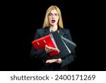 Small photo of Secretary deluged by documents. Thoughtful young Secretary holding folders on black background. Businesswoman or Secretary hold many folders with documents, paperwork. Busy secretary accountant.