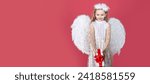 Small photo of Angel child banner, isolated studio background. Kid girl angel with present gift, studio portrait. Little angel with white wings holds gift. Cute angel child girl with angels wings, isolated on red.