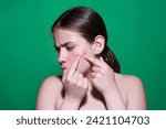Small photo of Sad Woman squeeze out pimples on cheek. Acne and pimple on skin. Dermatology, puberty woman. Pimples problem skin. Girl Squeeze out Pimple on skin cheek. Care from skin problem. Pimple face.
