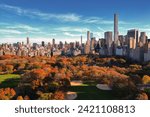 Autumn Fall. Autumnal Central Park NY view from drone. Aerial of New York City Manhattan Central Park panorama in Autumn. Autumn in Central Park. Autumn NYC. Central Park Fall Colors of foliage.