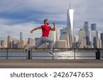 Small photo of Hispanic Man runner in sport outfit run in NYC. Motion, healthy run. Jogger run near Manhattan downtown. Muscular athlete sportsman run in city. Running sportswear. Handsome guy running workout